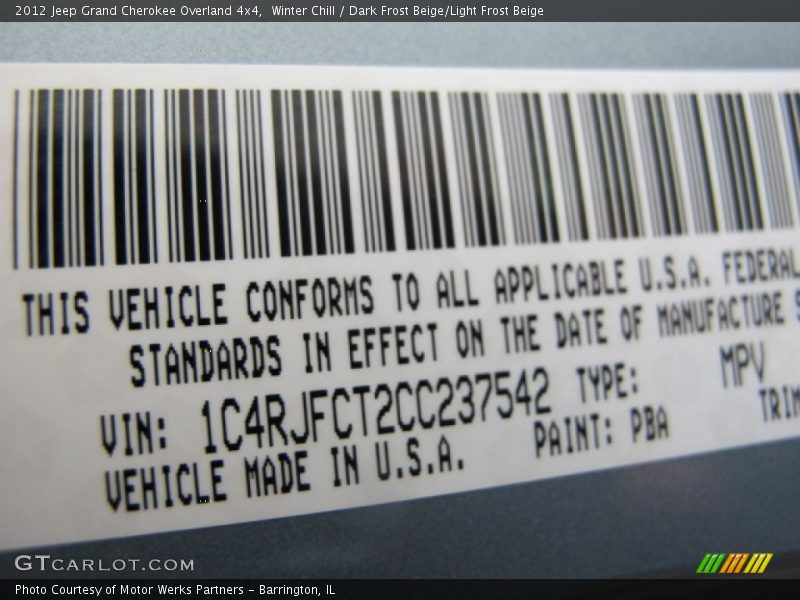 2012 Grand Cherokee Overland 4x4 Winter Chill Color Code PBA