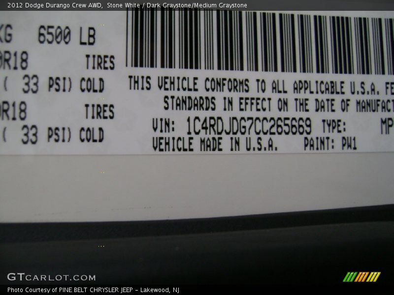 Stone White / Dark Graystone/Medium Graystone 2012 Dodge Durango Crew AWD