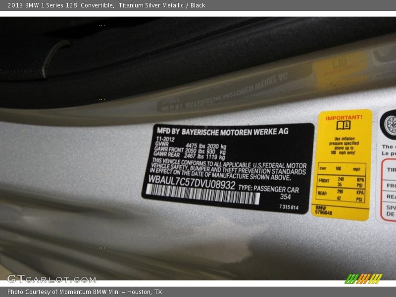 Titanium Silver Metallic / Black 2013 BMW 1 Series 128i Convertible