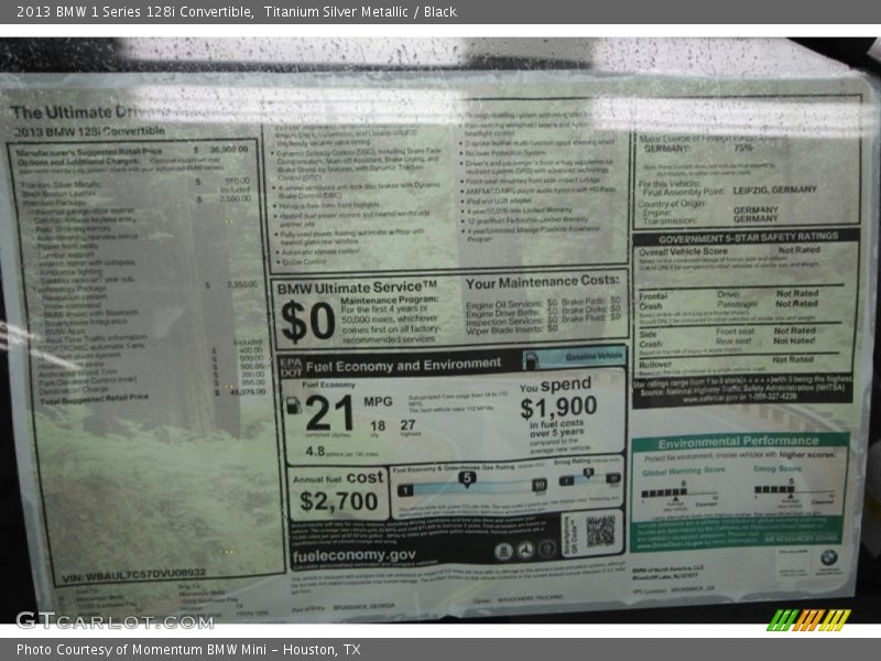  2013 1 Series 128i Convertible Window Sticker