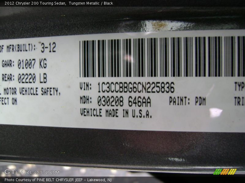 Tungsten Metallic / Black 2012 Chrysler 200 Touring Sedan