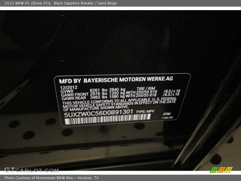 2013 X5 xDrive 35d Black Sapphire Metallic Color Code 475
