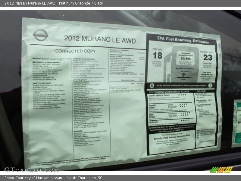  2012 Murano LE AWD Window Sticker