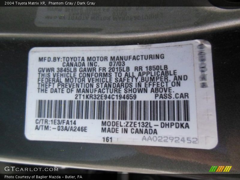 Phantom Gray / Dark Gray 2004 Toyota Matrix XR