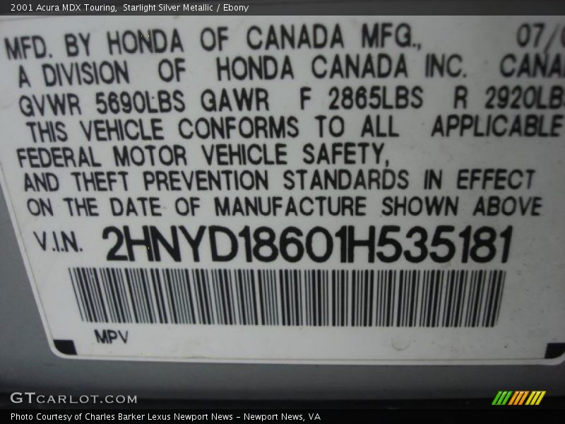 Starlight Silver Metallic / Ebony 2001 Acura MDX Touring