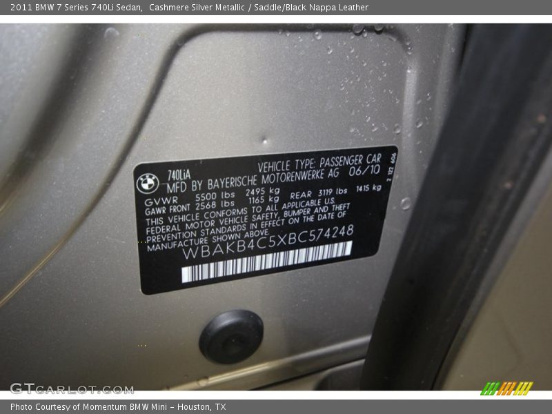 Cashmere Silver Metallic / Saddle/Black Nappa Leather 2011 BMW 7 Series 740Li Sedan