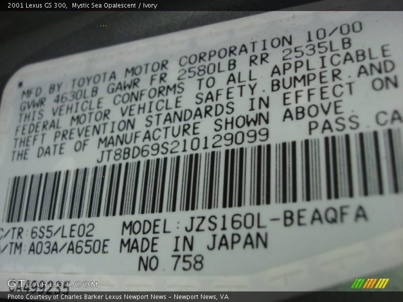 2001 GS 300 Mystic Sea Opalescent Color Code 6S5