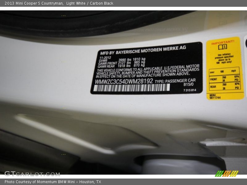 2013 Cooper S Countryman Light White Color Code B15