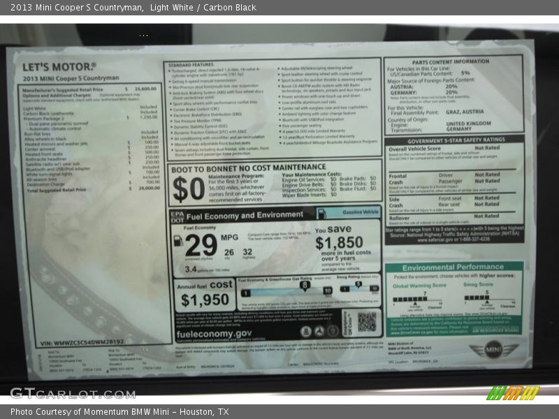  2013 Cooper S Countryman Window Sticker
