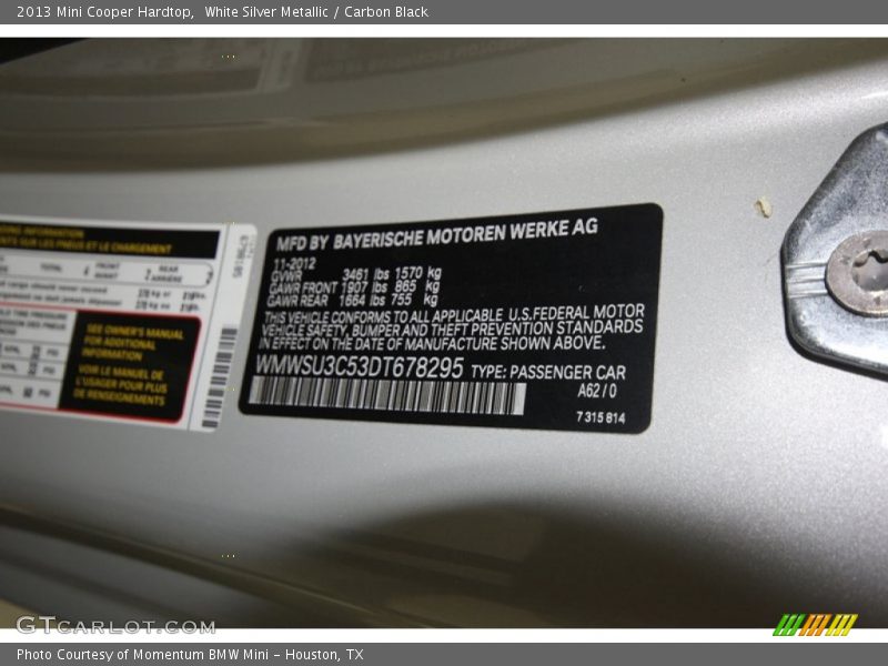 2013 Cooper Hardtop White Silver Metallic Color Code A62