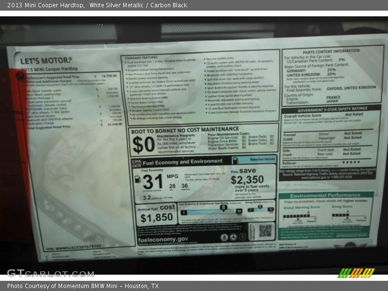  2013 Cooper Hardtop Window Sticker