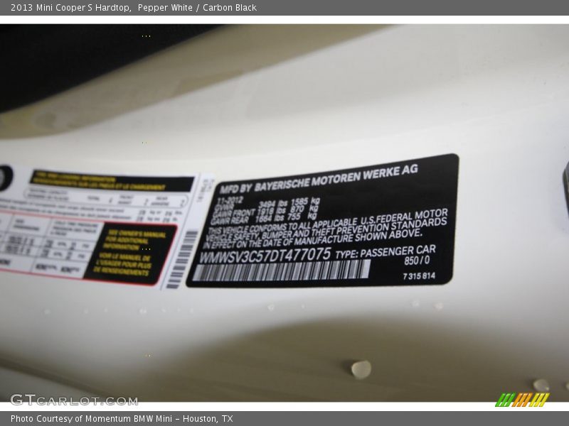 Pepper White / Carbon Black 2013 Mini Cooper S Hardtop
