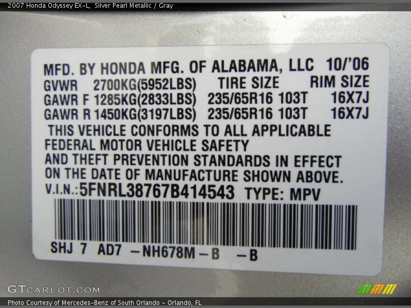 Silver Pearl Metallic / Gray 2007 Honda Odyssey EX-L