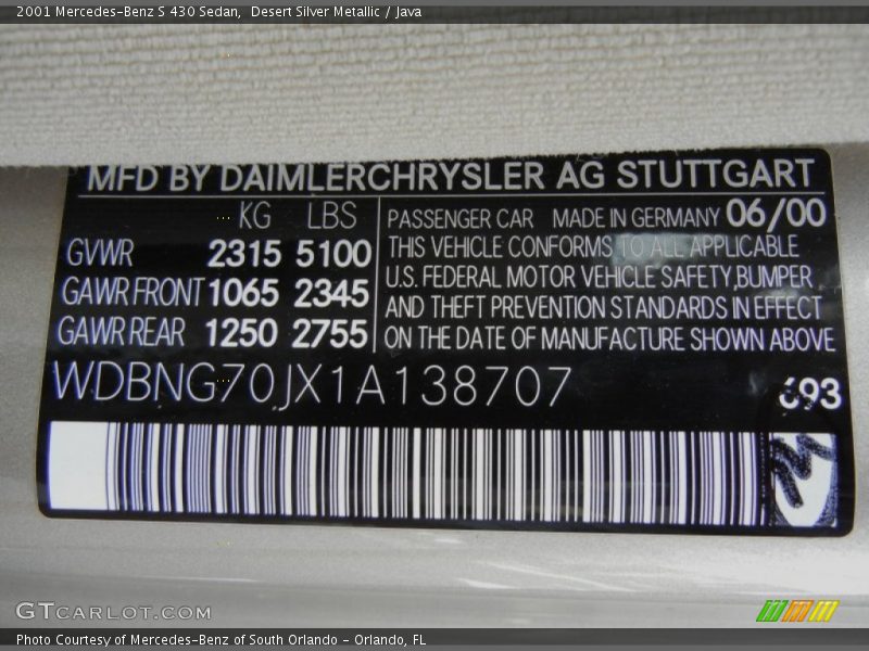 Desert Silver Metallic / Java 2001 Mercedes-Benz S 430 Sedan