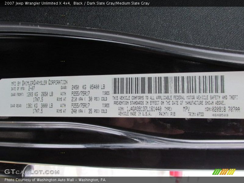 Black / Dark Slate Gray/Medium Slate Gray 2007 Jeep Wrangler Unlimited X 4x4