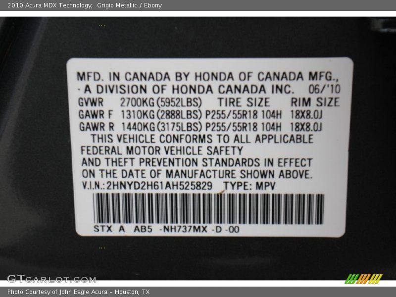 Grigio Metallic / Ebony 2010 Acura MDX Technology