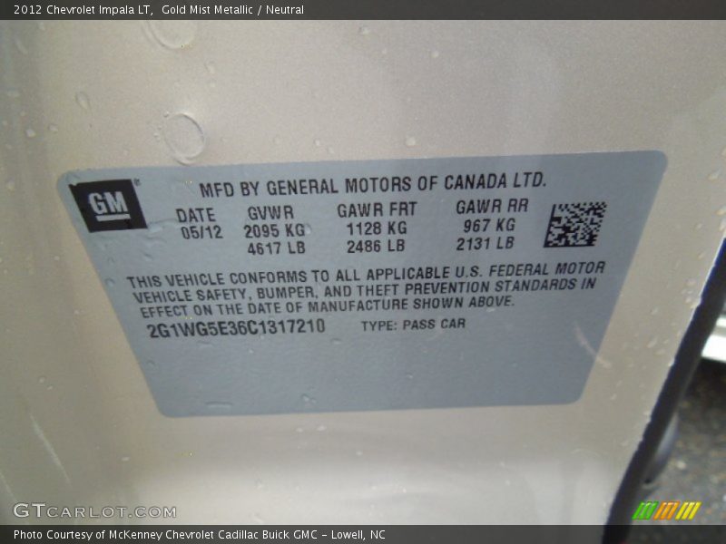 Gold Mist Metallic / Neutral 2012 Chevrolet Impala LT