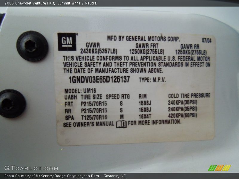 Summit White / Neutral 2005 Chevrolet Venture Plus