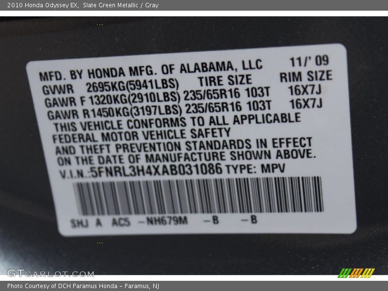 Slate Green Metallic / Gray 2010 Honda Odyssey EX
