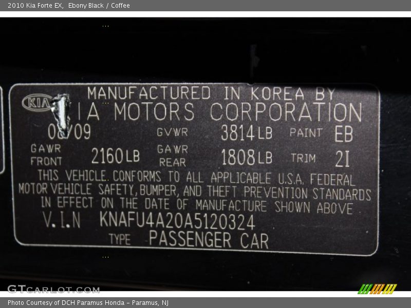 Ebony Black / Coffee 2010 Kia Forte EX