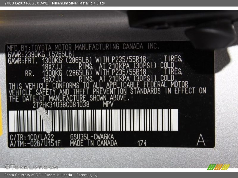 2008 RX 350 AWD Millenium Silver Metallic Color Code 1C0