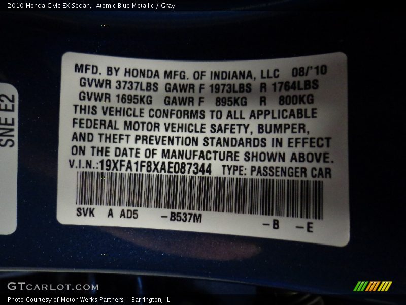 Atomic Blue Metallic / Gray 2010 Honda Civic EX Sedan