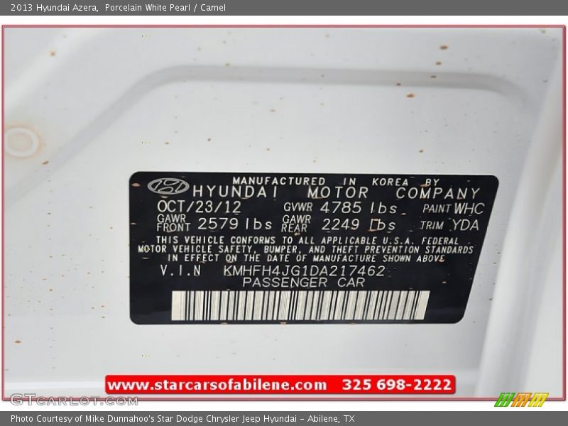 Porcelain White Pearl / Camel 2013 Hyundai Azera