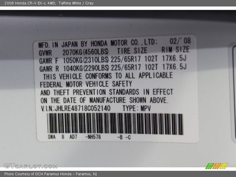Taffeta White / Gray 2008 Honda CR-V EX-L 4WD
