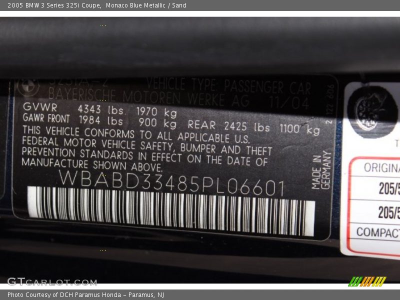 Monaco Blue Metallic / Sand 2005 BMW 3 Series 325i Coupe