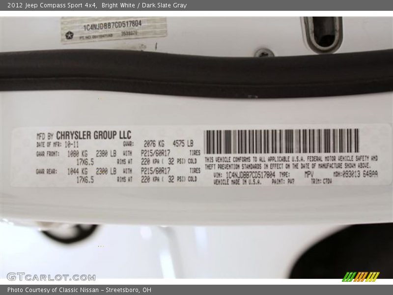 Bright White / Dark Slate Gray 2012 Jeep Compass Sport 4x4