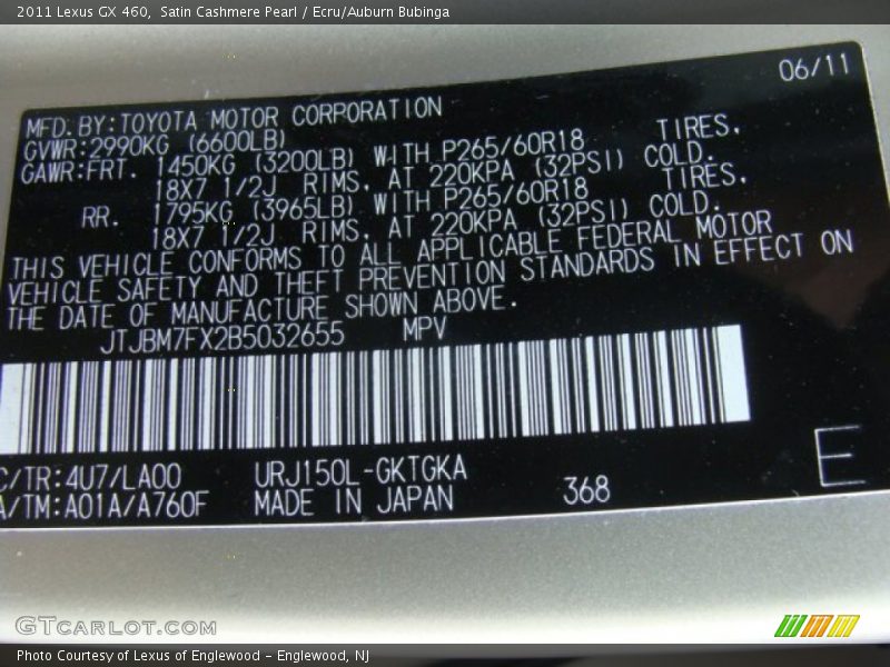 Satin Cashmere Pearl / Ecru/Auburn Bubinga 2011 Lexus GX 460