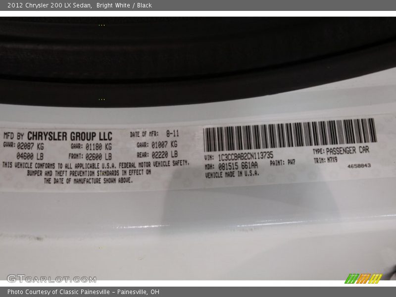 Bright White / Black 2012 Chrysler 200 LX Sedan