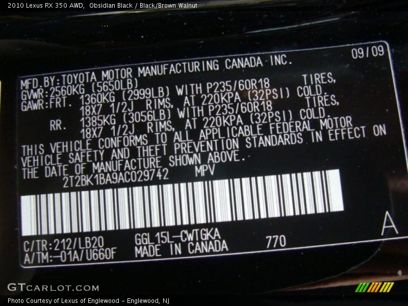 Obsidian Black / Black/Brown Walnut 2010 Lexus RX 350 AWD