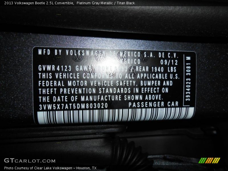 Info Tag of 2013 Beetle 2.5L Convertible