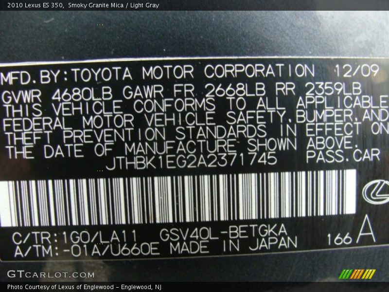 Smoky Granite Mica / Light Gray 2010 Lexus ES 350