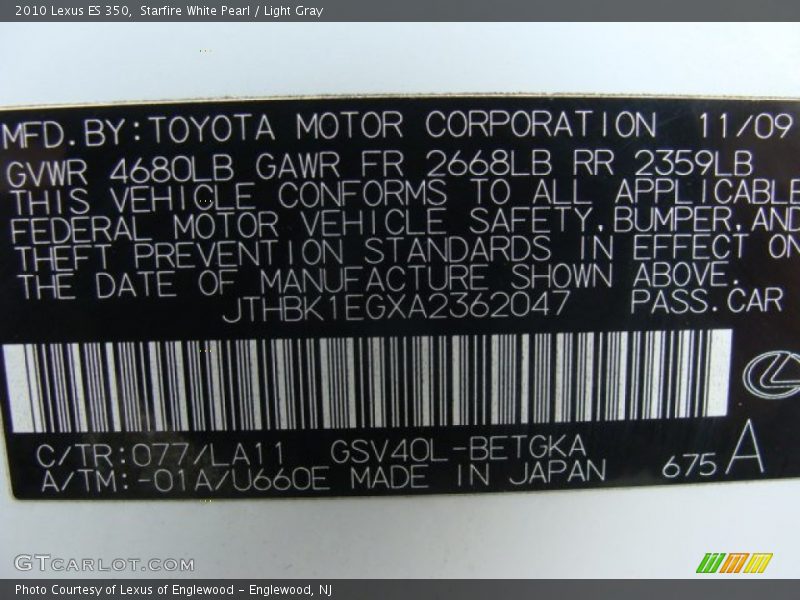 Starfire White Pearl / Light Gray 2010 Lexus ES 350