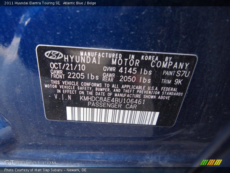 2011 Elantra Touring SE Atlantic Blue Color Code S7U