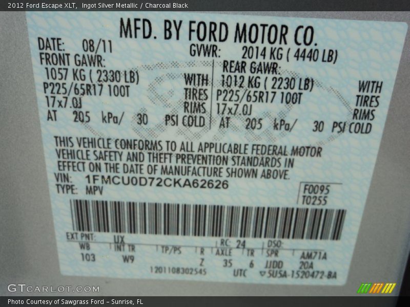 Ingot Silver Metallic / Charcoal Black 2012 Ford Escape XLT
