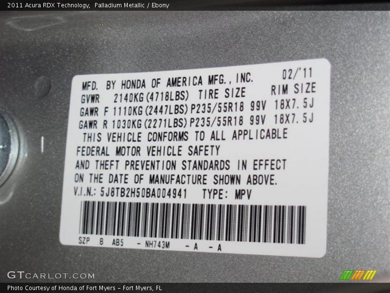 Palladium Metallic / Ebony 2011 Acura RDX Technology