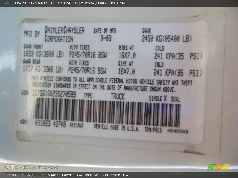 Bright White / Dark Slate Gray 2003 Dodge Dakota Regular Cab 4x4