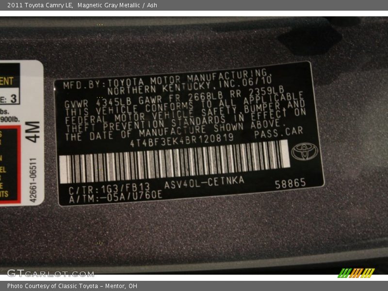 Magnetic Gray Metallic / Ash 2011 Toyota Camry LE