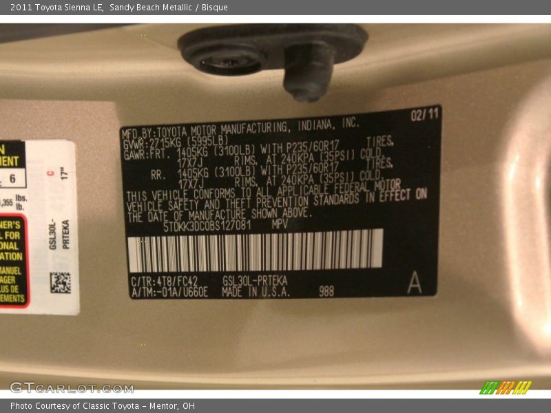 Sandy Beach Metallic / Bisque 2011 Toyota Sienna LE