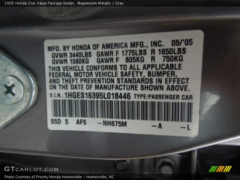 Magnesium Metallic / Gray 2005 Honda Civic Value Package Sedan