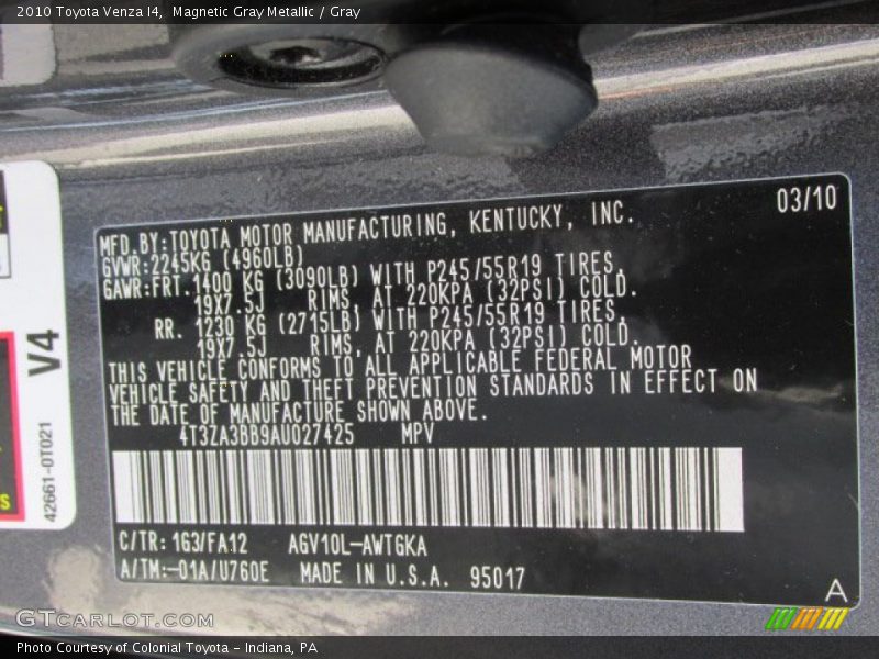 Magnetic Gray Metallic / Gray 2010 Toyota Venza I4