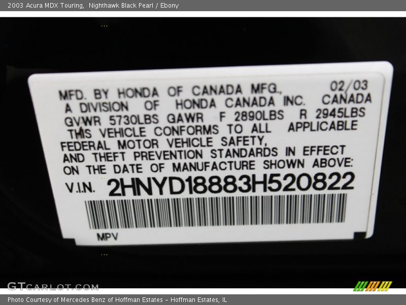 Nighthawk Black Pearl / Ebony 2003 Acura MDX Touring