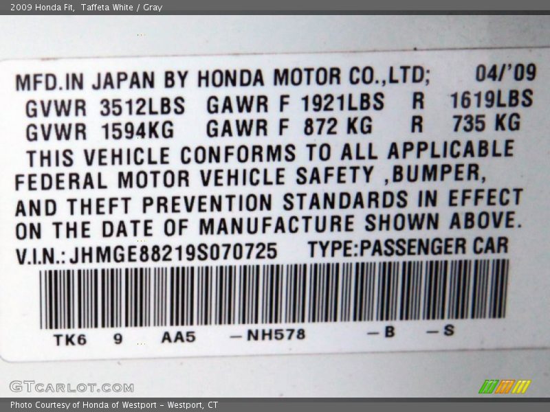 Taffeta White / Gray 2009 Honda Fit