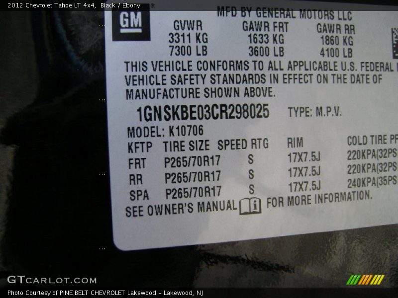 Black / Ebony 2012 Chevrolet Tahoe LT 4x4