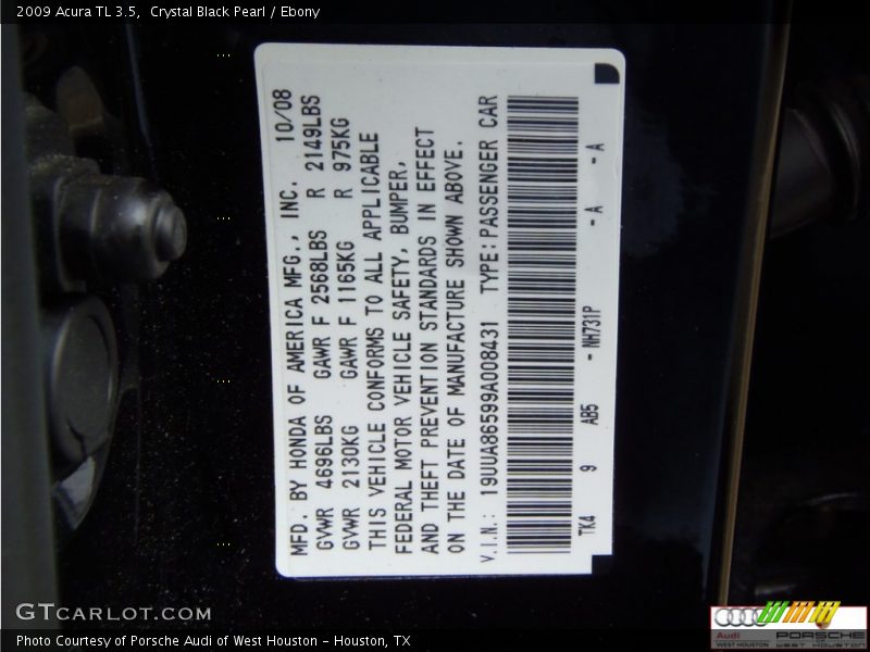Crystal Black Pearl / Ebony 2009 Acura TL 3.5