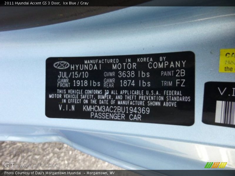 Ice Blue / Gray 2011 Hyundai Accent GS 3 Door