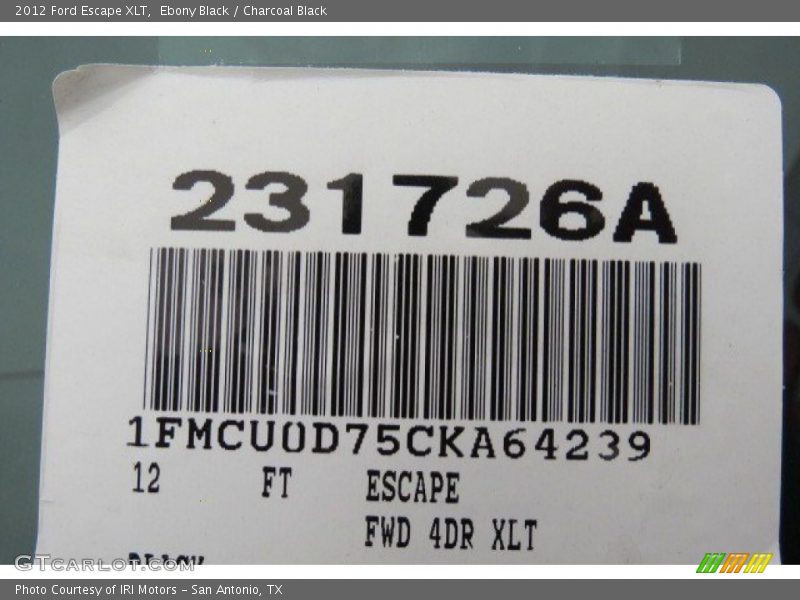 Ebony Black / Charcoal Black 2012 Ford Escape XLT